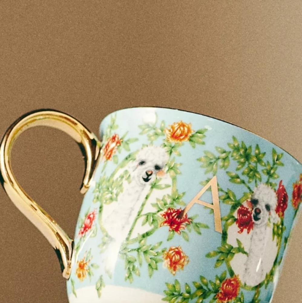 Anthropologie Floral Initial A Mug with Gold Handle